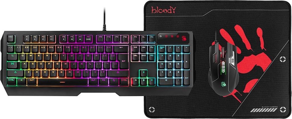 QWERTY Tastatur + Maus + Mauspad Set Tastatur mit 7 Multimedia-Tasten Gaming Maus Auflösung: 1006000 DPI RGB-LED-Hintergrundbeleuchtung