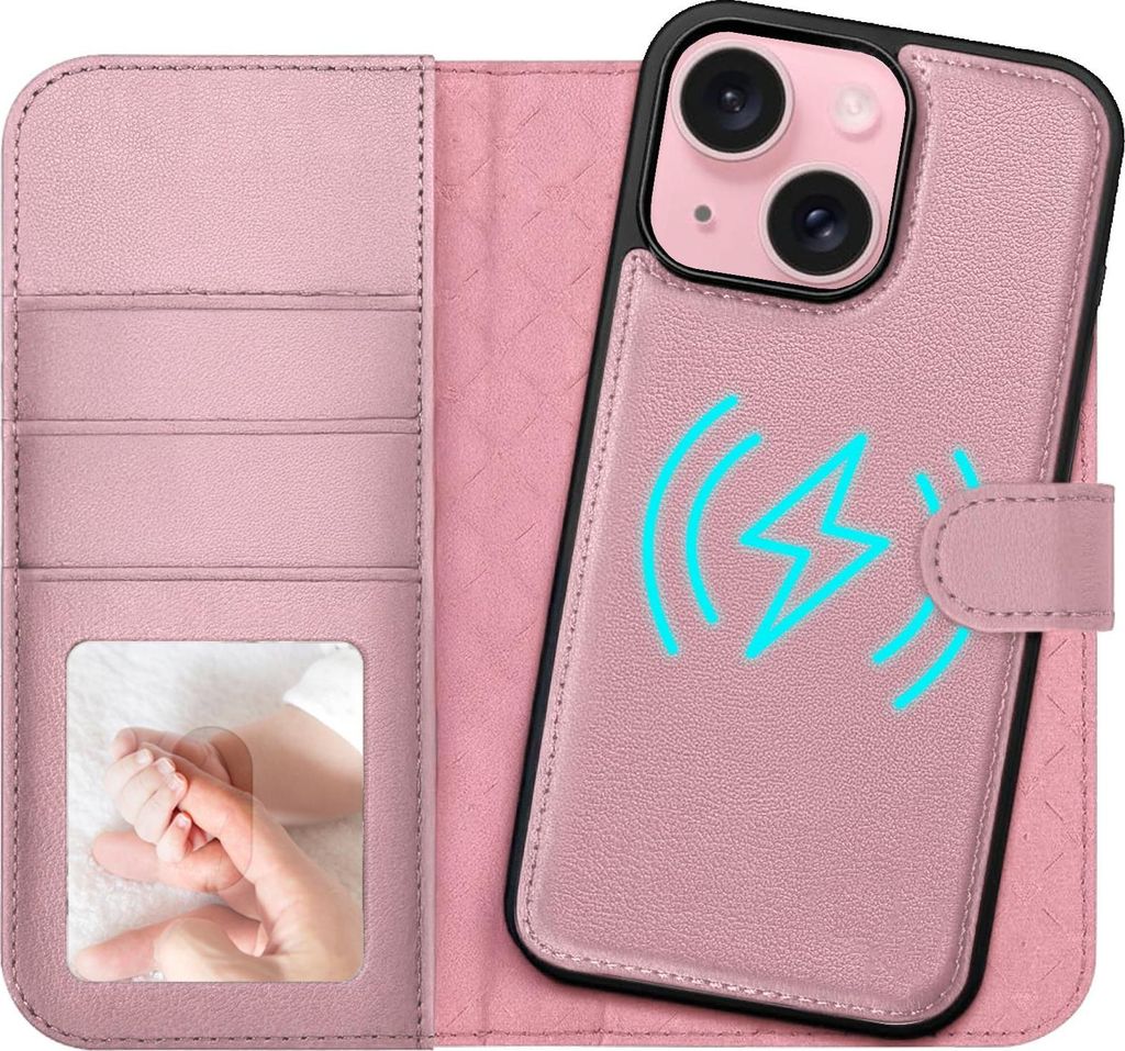 2in1 Magnet Wallet Handyhülle für iPhone 15 Hülle RFID Schutz, abnehmbare Magnet Hülle, MagSafe kompatibel, stoßfestes Case mit Fotofenster