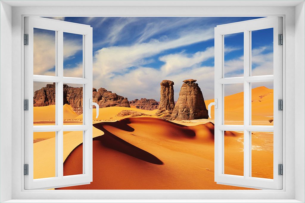 Wallario selbstklebendes Poster mit Fenster-Illusion - Felsen und Sand in der Sahara Wüste, Größe: 61 x 91,50 cm