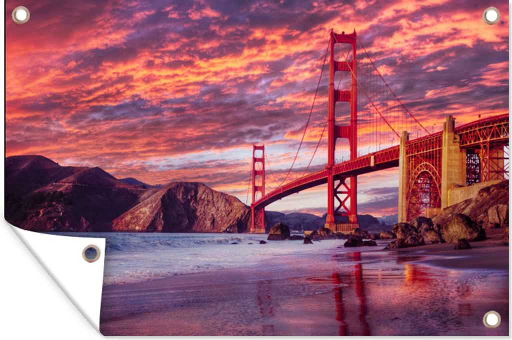 MuchoWow 60x40 cm Outdoor-Poster Gartendeko Sichtschutz Garten Poster für den Garten Die Golden Gate Bridge mit einem wunderschönen lila Himmel