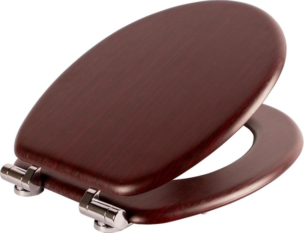A wooden toilet seat with metal hinges, shown from a slightly elevated angle against a white background.