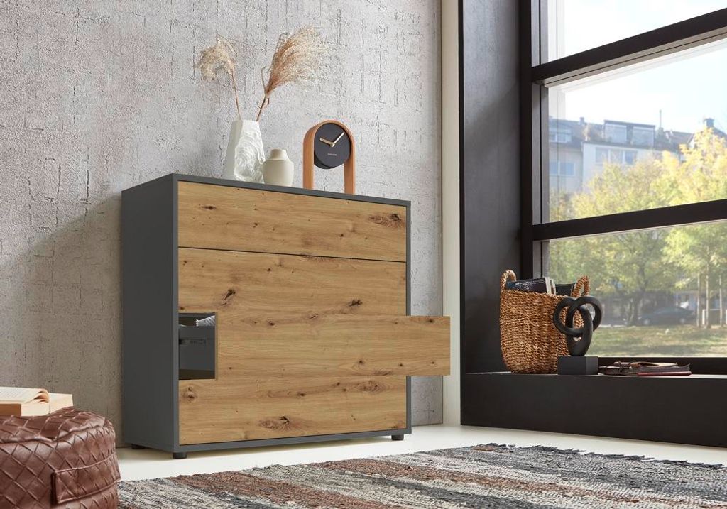 Schubkastenkommode BEN 3 in anthrazit / Artisan Eiche Nb., Push-to-open, (BxHxT) 79x73x33 cm