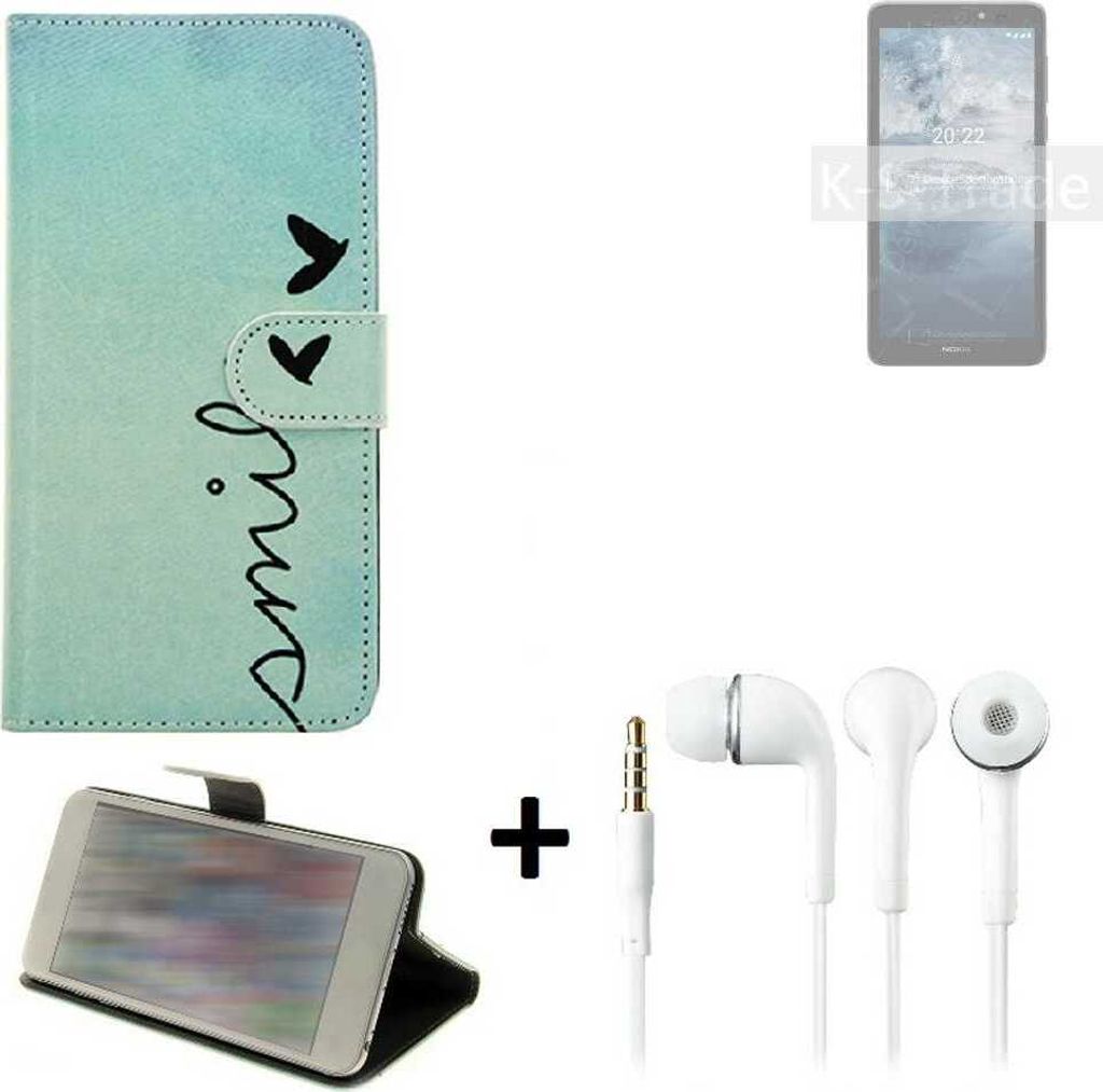 K-S-Trade Schutz Hülle Handy Hülle kompatibel mit Nokia C2 2nd Edition 360° Wallet Case Schutz Hülle ''smile'' inkl. Ohrstöpsel Smartphone cover