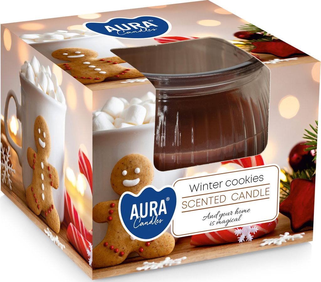 A Christmas-themed candle packaging featuring gingerbread men, marshmallows, and candy canes.