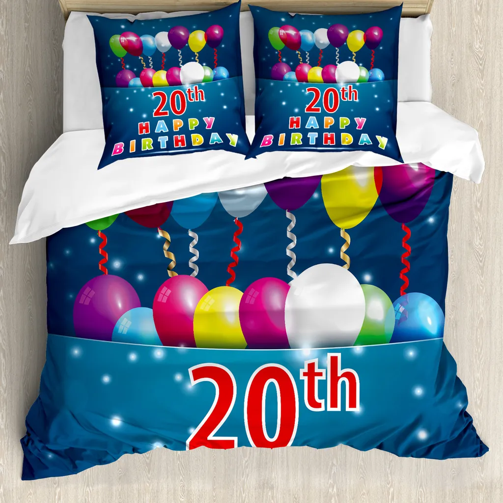 ABAKUHAUS 20° compleanno Copripiumino, palloncini su sfondo blu, antiacaro, adatto a chi soffre di allergie, con federe, 155 cm x 220 cm - 80 x 80 cm, multicolore