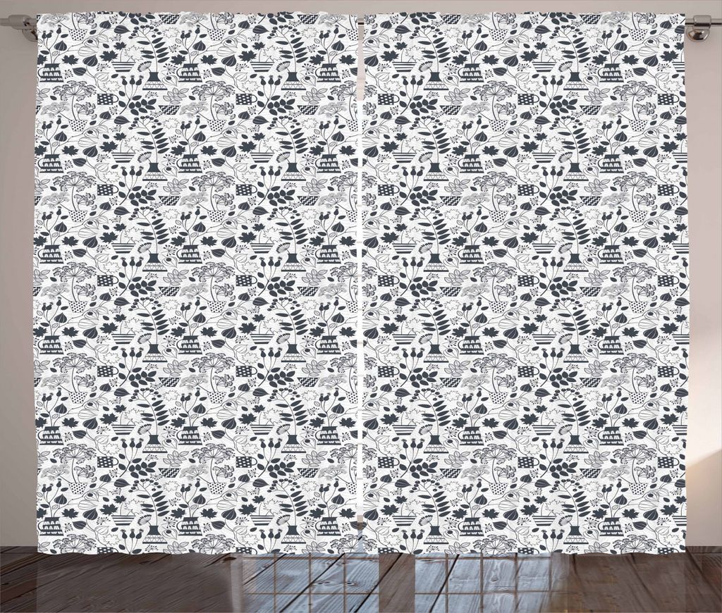 ABAKUHAUS Garten Rustikaler Vorhang, Graustufen- Blühende Flora, Wohnzimmer Universalband Gardinen mit Schlaufen und Haken, 280 x 225 cm, Koksgrau...