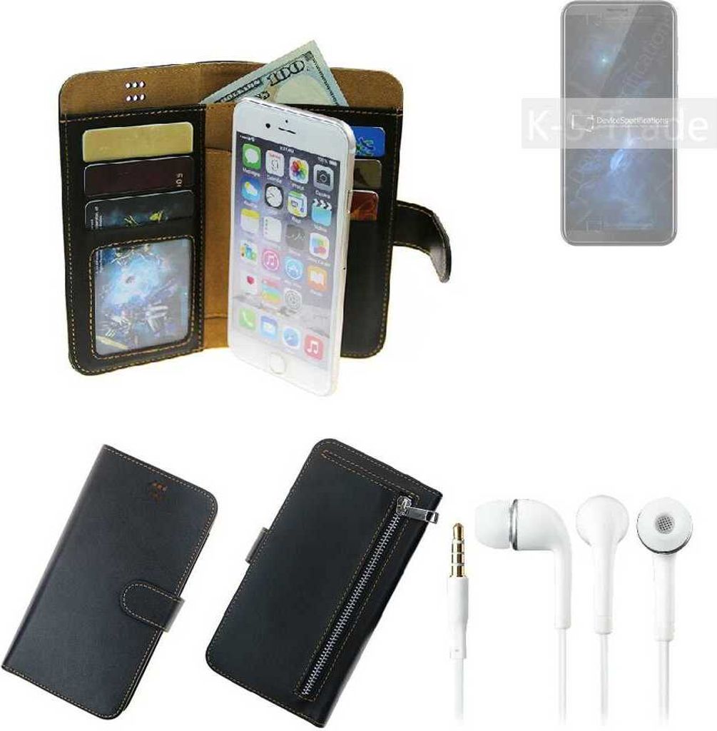 TOP SET Handy Hülle Schutz Hülle kompatibel mit Cubot J5 schwarz aus Kunstleder + Kopfhörer Smartphone Tasche vollwertige Geldbörse K-S-Trade