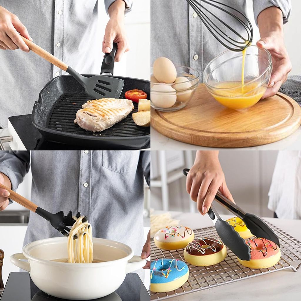STILVORA Kochbesteck-Sets Silikon, Kochutensilien Set mit Holzgriff, Küchenutensilien Silikon 12-teilig mit Halter, Küchenhelfer Set hitzebestän...