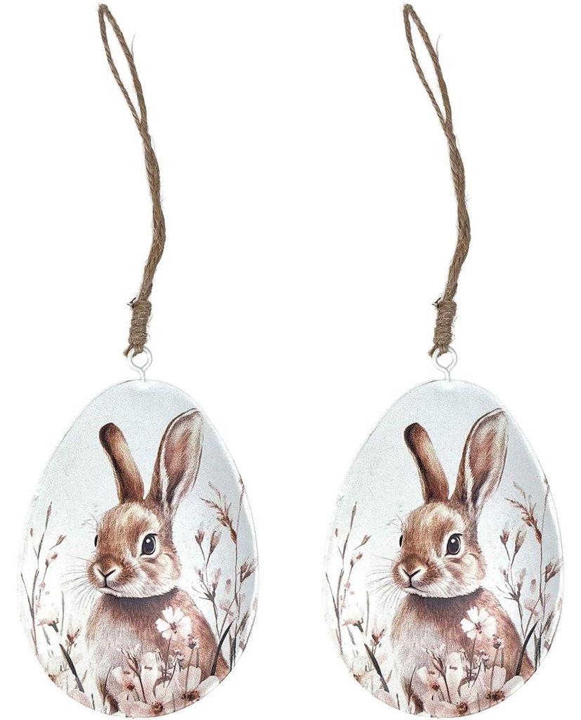 Metall-Eier 2er-Set mit Hasenbild – je ca. 11 x 8 cm – weiß-braun coloriert – Osterdeko zum Hängen im natürlichen Stil – Logbuch-Verlag