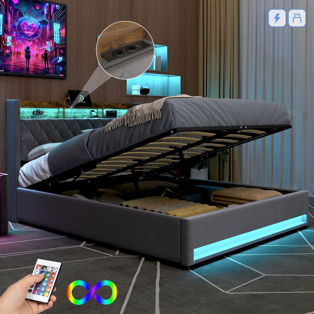 okwish Lit à coussins 160×200 cm avec éclairage LED, ports Image du produit 
