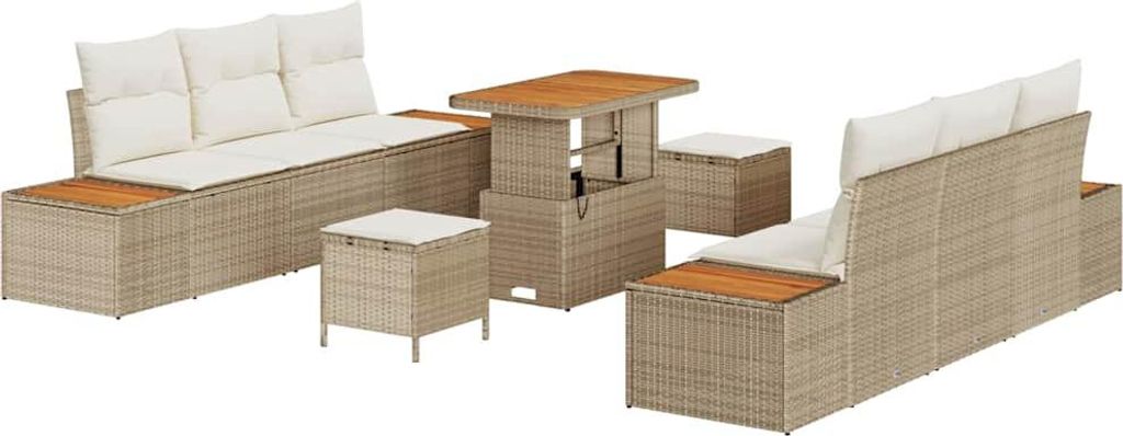 Gartensofa-set mit Kissen mit Speicher 9 pcs Beige Poly Rattan