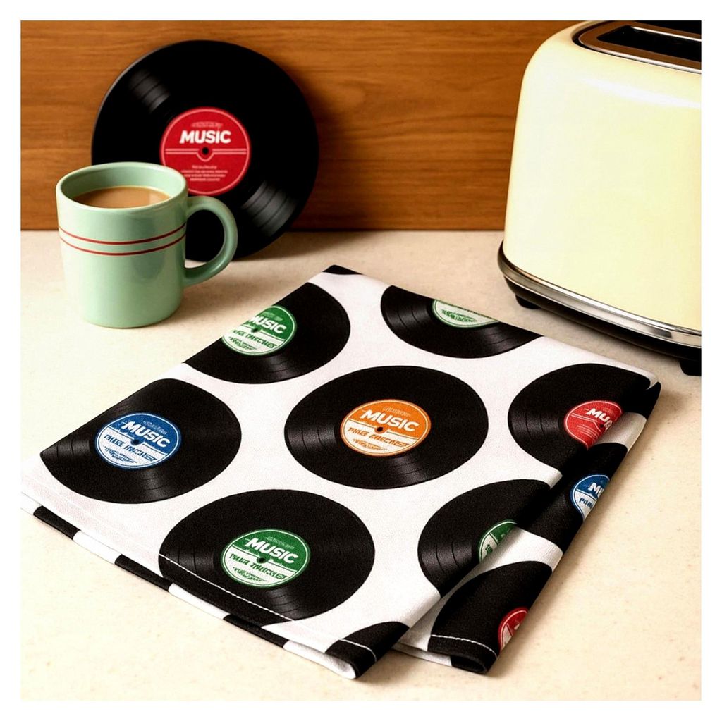 Geschirrtuch aus 100% Baumwolle im Retro-Design – Vintage Küchenhandtuch mit Musikmotiv – saugfähig und waschbar – Küchentuch für Retro-F...