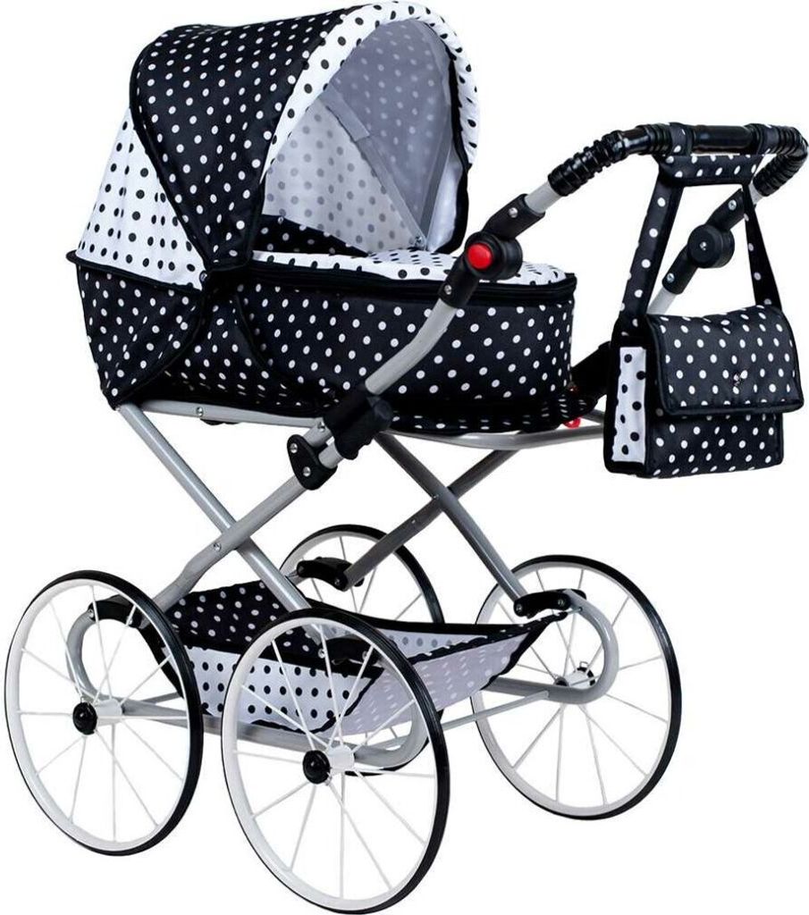 A black and white polka dot baby doll stroller with a matching bag.