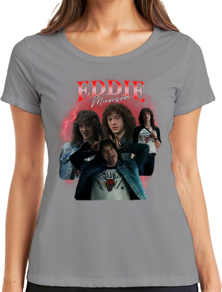 Eddie Munson Hellfire Club Stranger Metal Geschenk Vintage Serie 90s Bootleg Damen T-Shirt, Grau, S