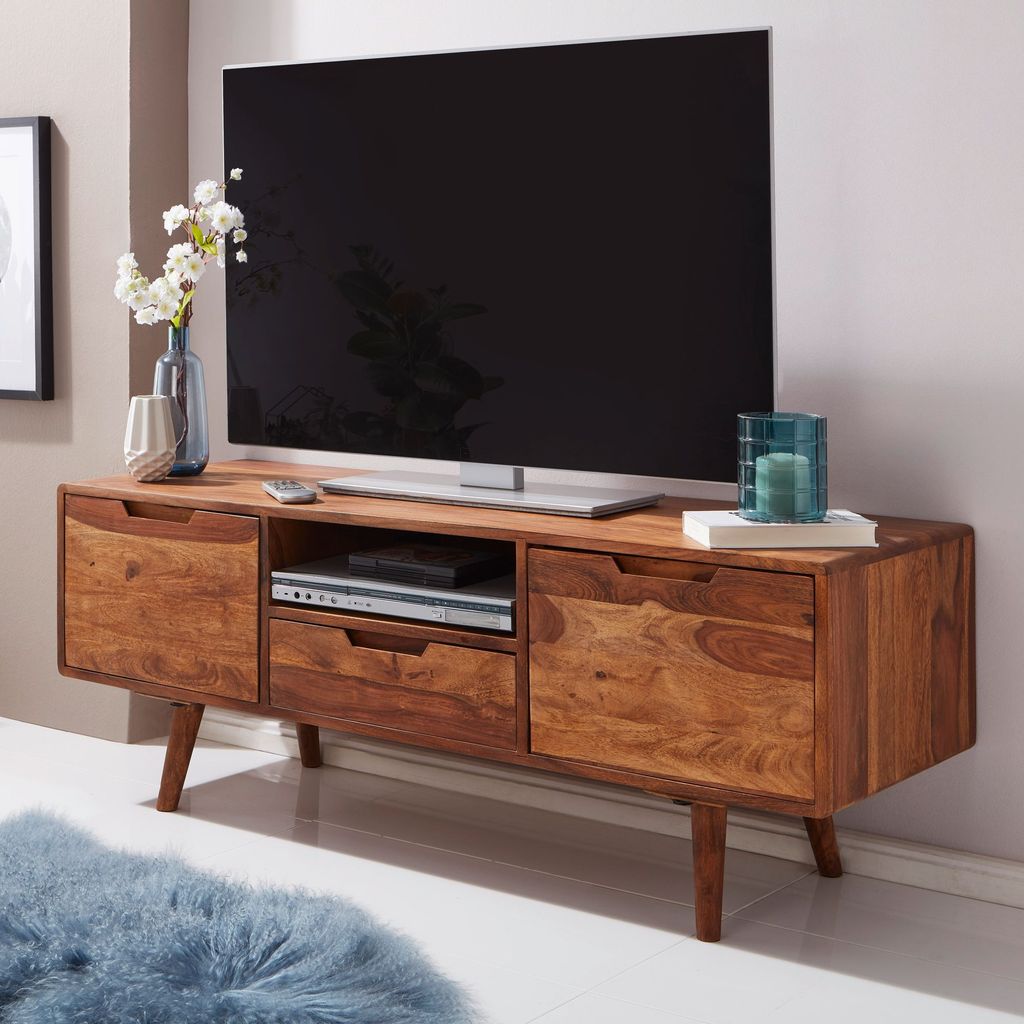 WOHNLING HiFi Lowboard Sheesham Massivholz Landhaus TV Produktbild 