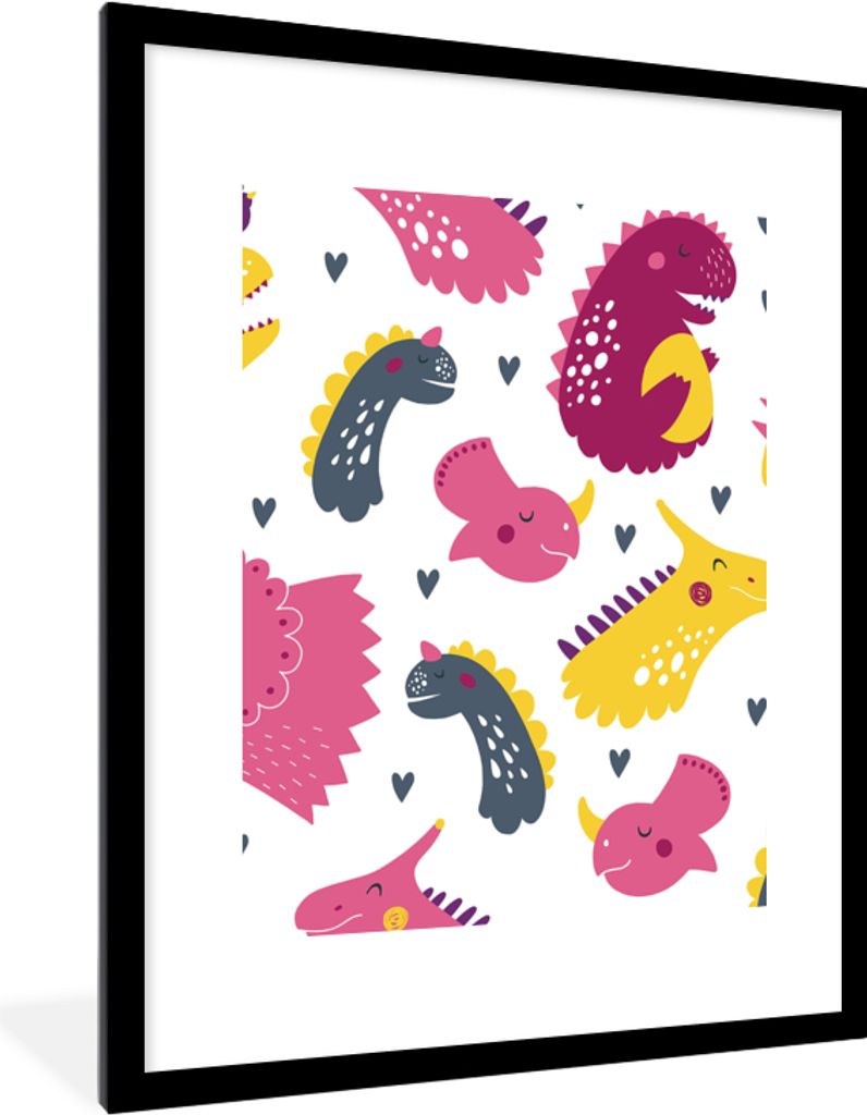 MuchoWow Gerahmtes Poster dino-muster-kinder-pink-mädchen3-4 60x80 cm - Poster mit Schwarzem Bilderrahmen Wandposter Rahmen Foto Bilder - Wohnzi...