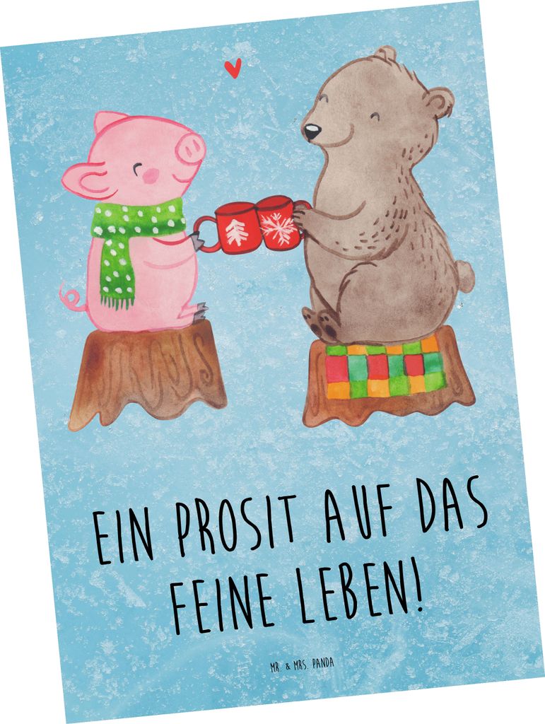 Mr. & Mrs. Panda Postkarte Glühschwein Sause - Eisblau - Geschenk, Bär, Postkarten, Weihnachtszeit, Weihnachten, Alles Gute, Prost, Schwein, bild...