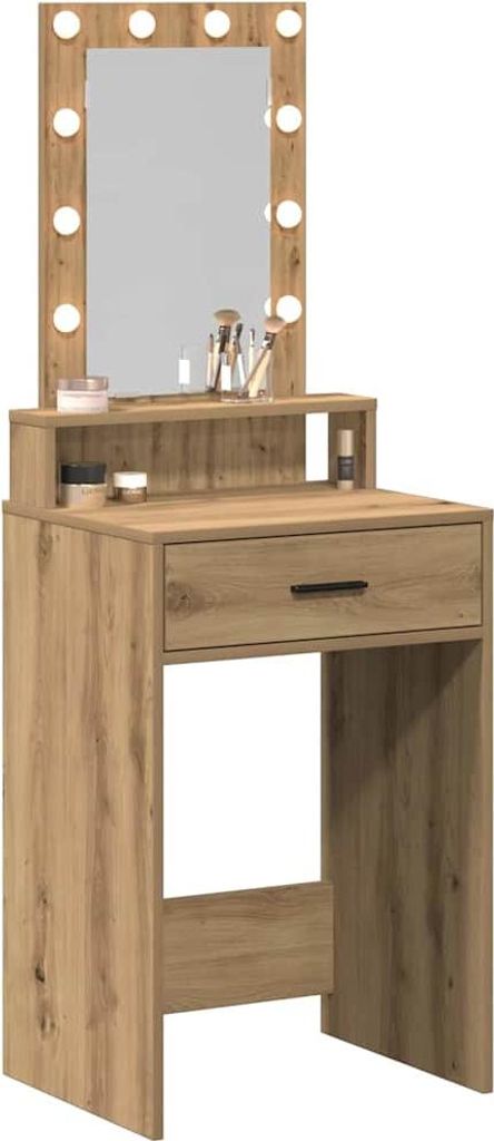 A makeup vanity table with a mirror and lights.