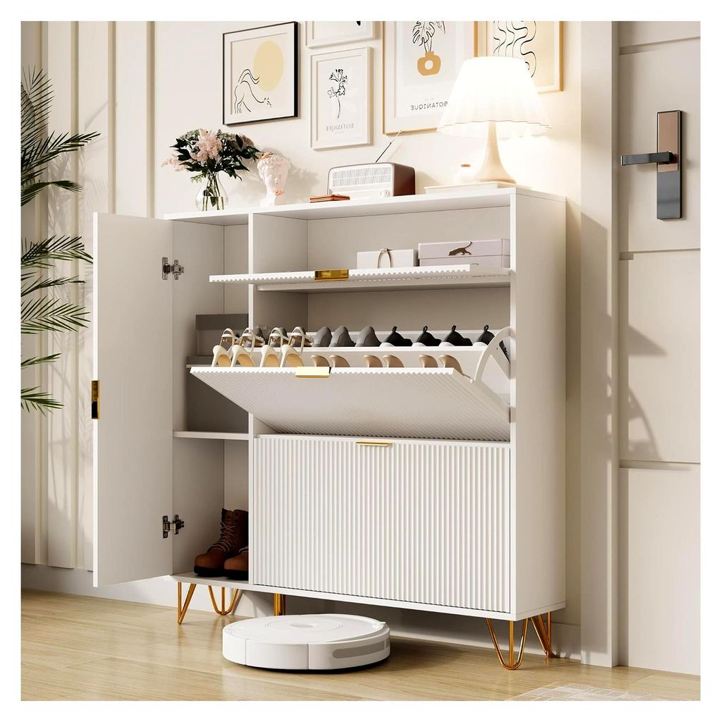Schuhschrank mit 3 Klappen und 1 Türen,Schuhregal, Shoe Cabinet weiß, Schuhkipper mit 6 Fächern, schuhschränke für Flur oder Eingangsbereich, ...