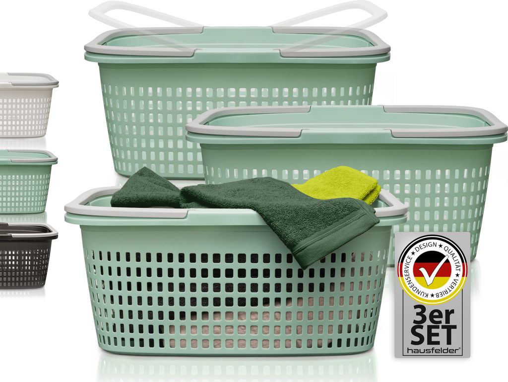 Wäschekörbe 3er Set Grün, 3 Körbe 35 l