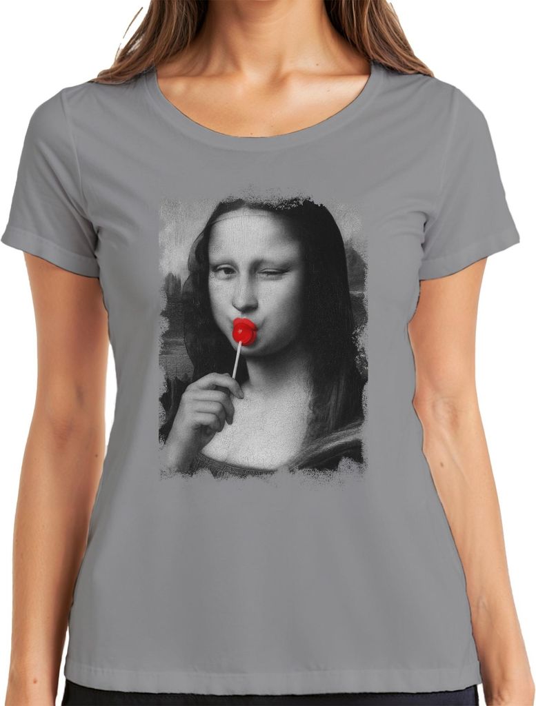 Mona Lisa Lutscher Pop Art Renaissance Parodie Retro Vintage Cool Damen T-Shirt, Grau, S