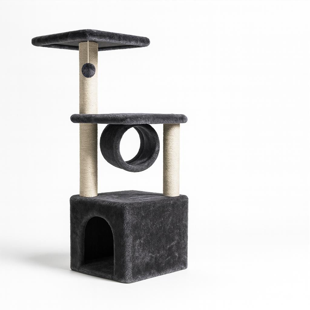 A multi-level cat tree with scratching posts and a tunnel, presented against a plain white background.