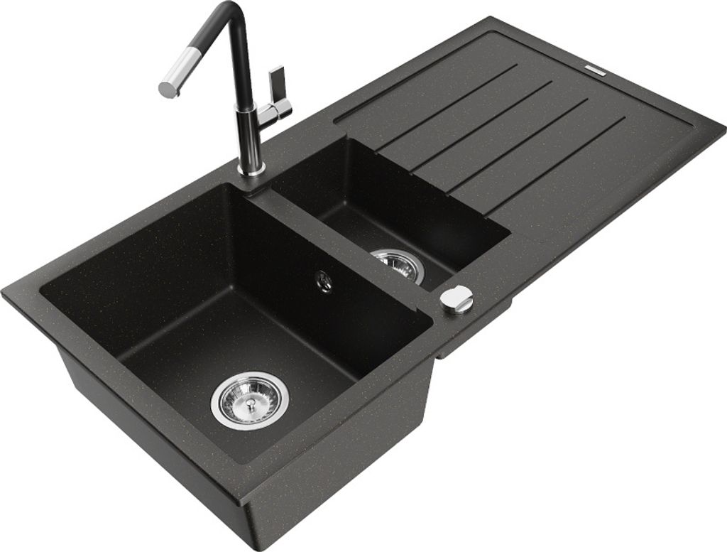 Mexen Andres 1,5-Becken-Granitspüle mit Abtropffläche und Mischbatterie Flora, Schwarz/Gold metallisch - 6515-75-670401-07