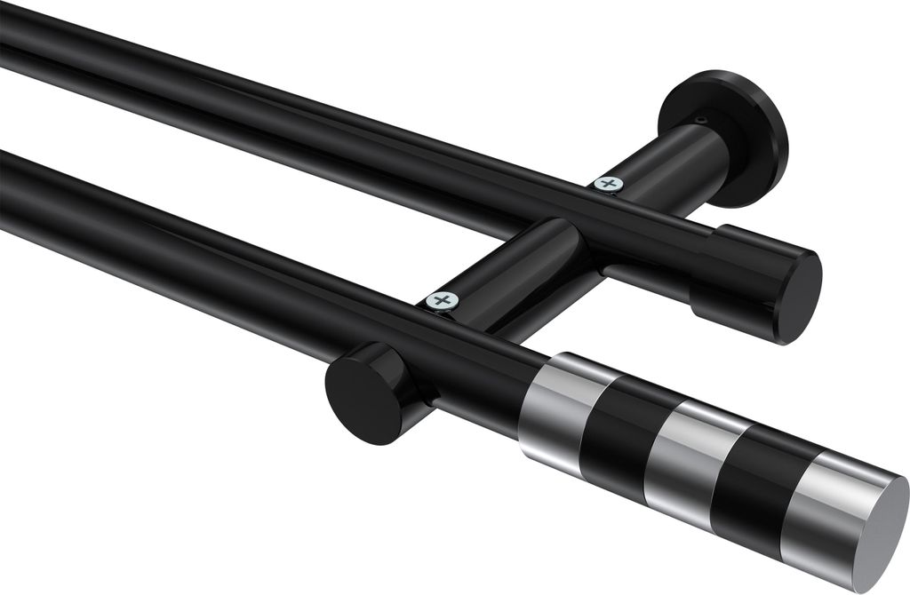 Interdeco Gardinenstange / Vorhangstange Schwarz, Typ Platon Mavell (Zylinder Bicolor) ohne Ringe, 20 mm Ø 2-läufig, 400 cm