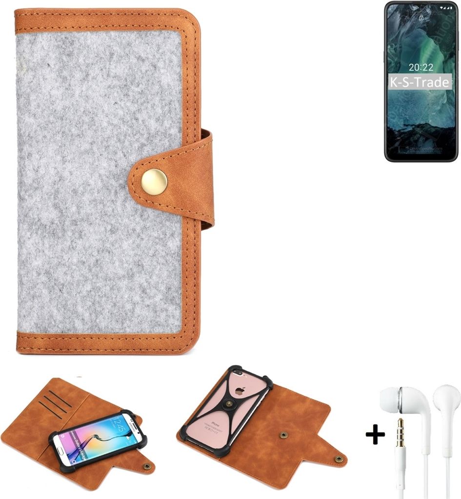 K-S-Trade Handyhülle + Kopfhörer kompatibel mit Nokia G21 Schutzhülle Filz Hülle Kunstleder hellgrau braun (1x)