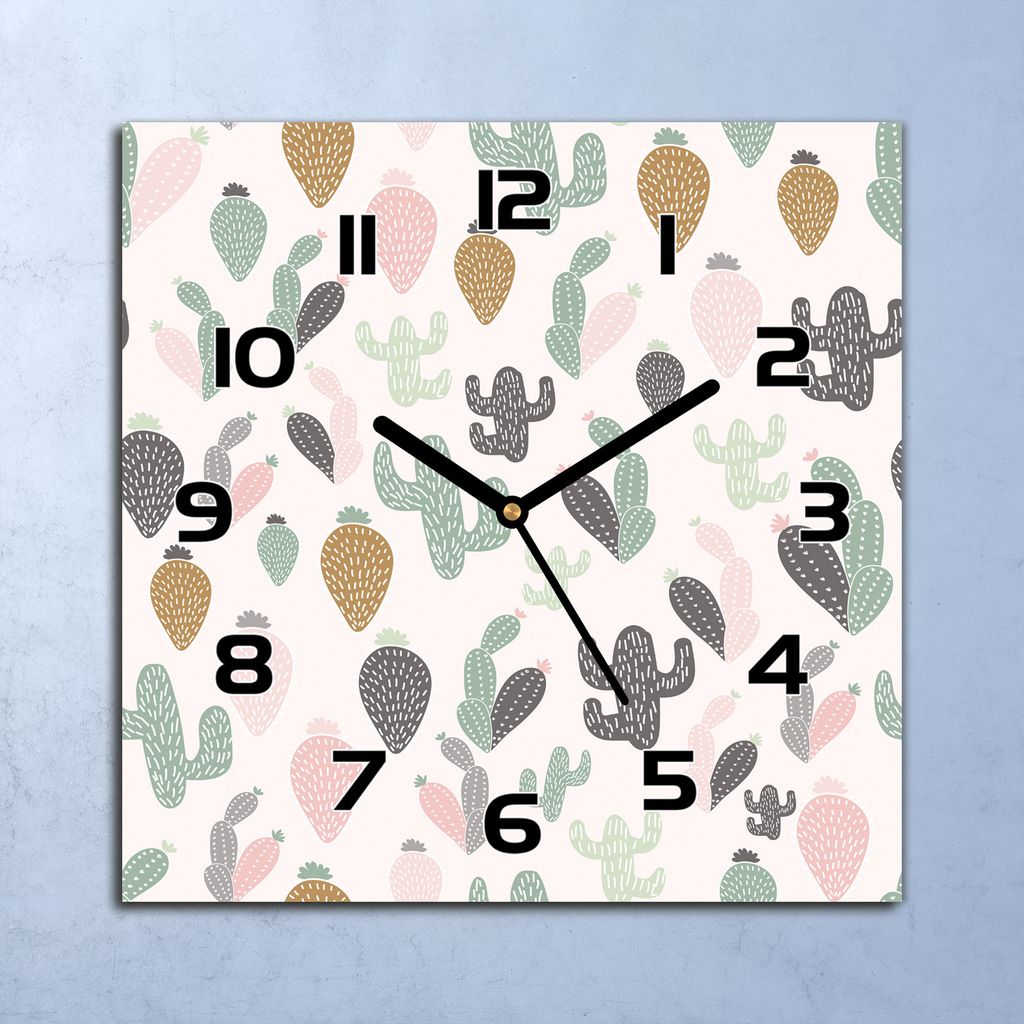 Wanduhr Echt-Glas-Küchenuhr Pastell Kaktus Quarz Lautlos 30x30 Deko Bilder