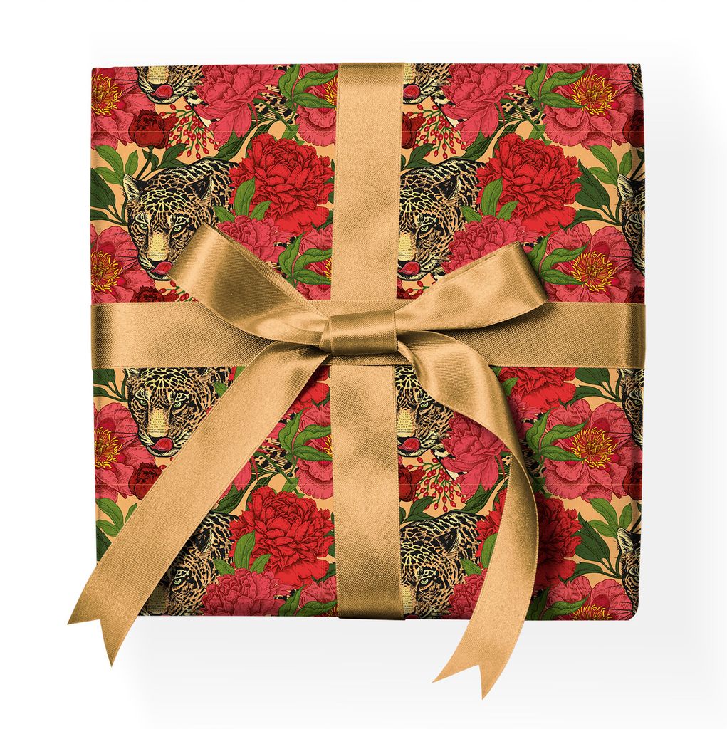 Dekoratives Fantasie Geschenkpapier mit Jaguar, Pfingstrosen, rot - G23048, 32 x 48cm