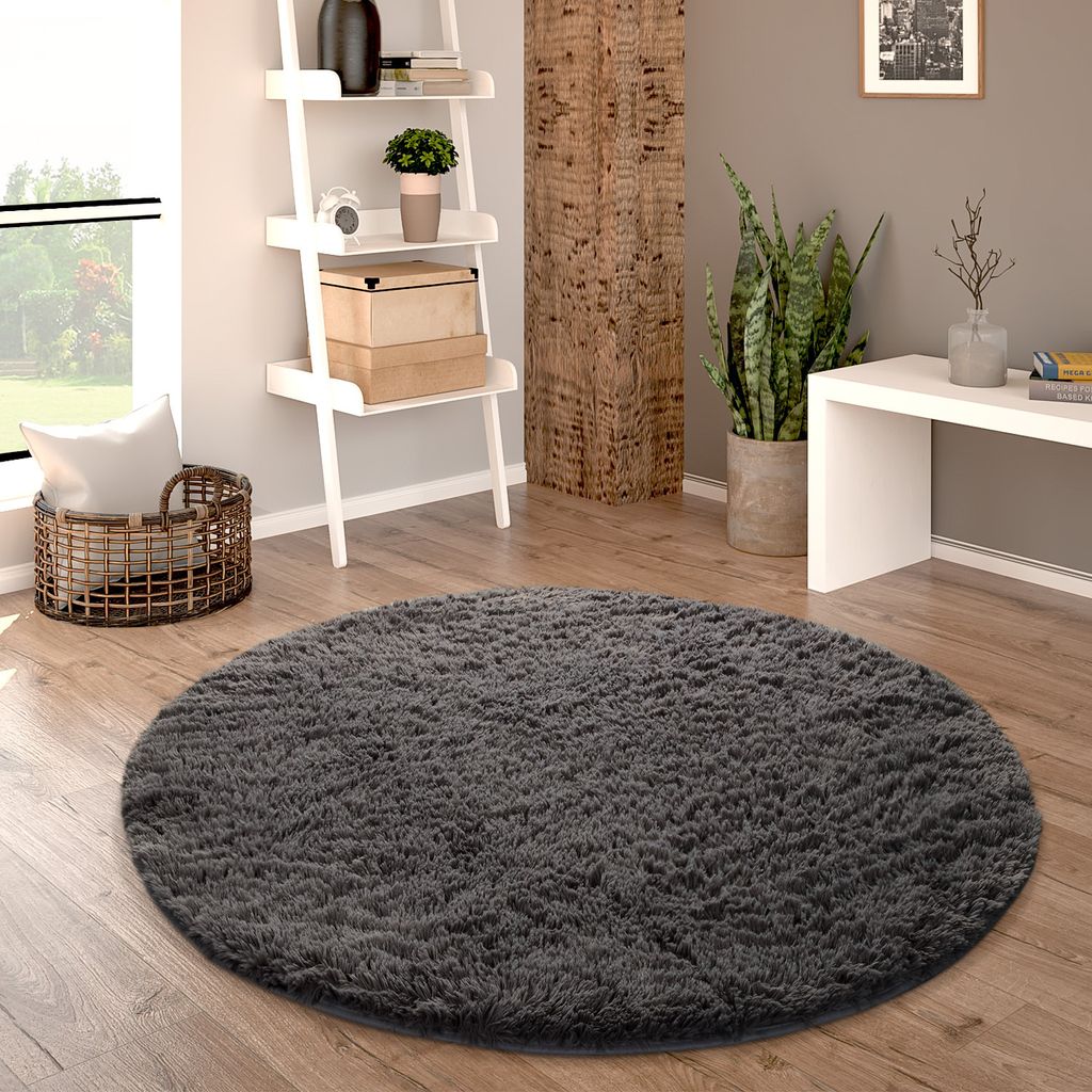 Hochflor Teppich Rund Wohnzimmer Shaggy Langflor Kunstfell Flauschig Einfarbig Grösse 120 cm Rund