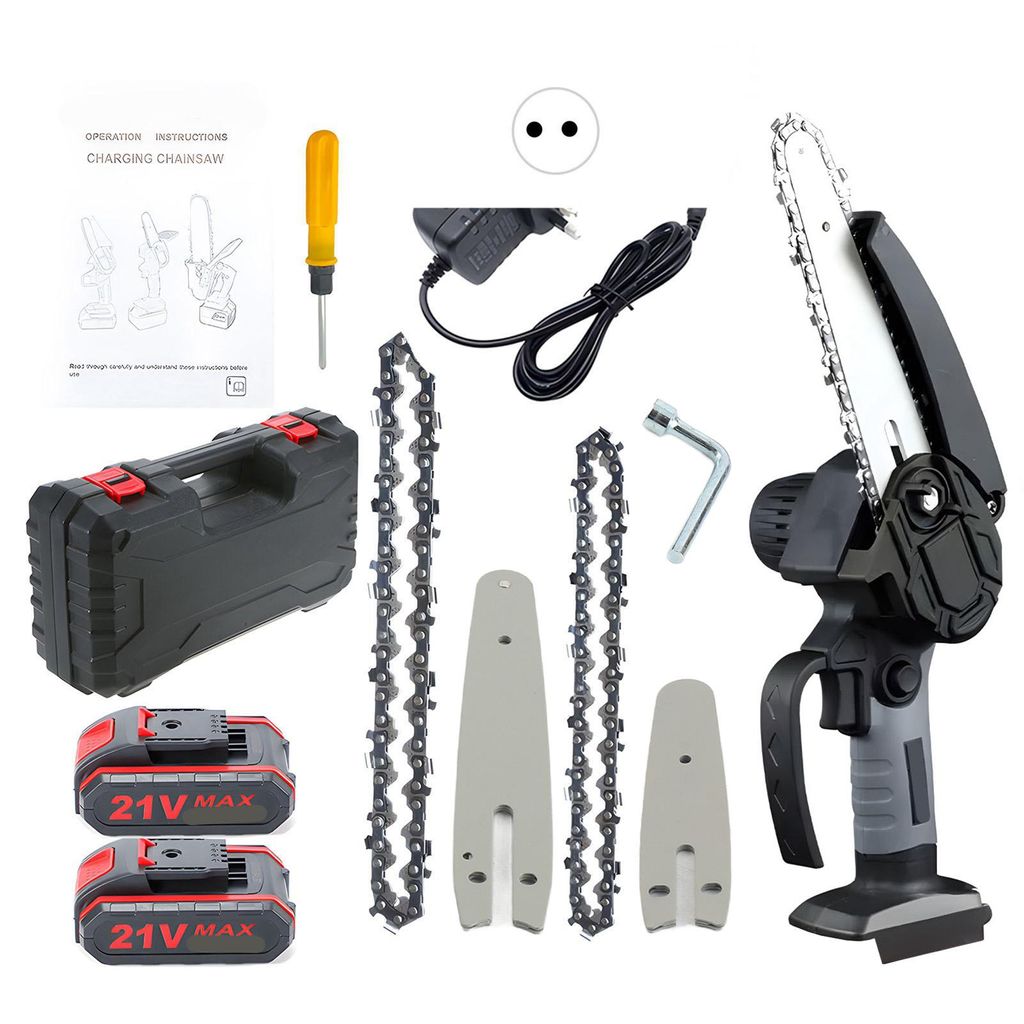 A collection of mini chainsaw parts and accessories laid out on a white background.
