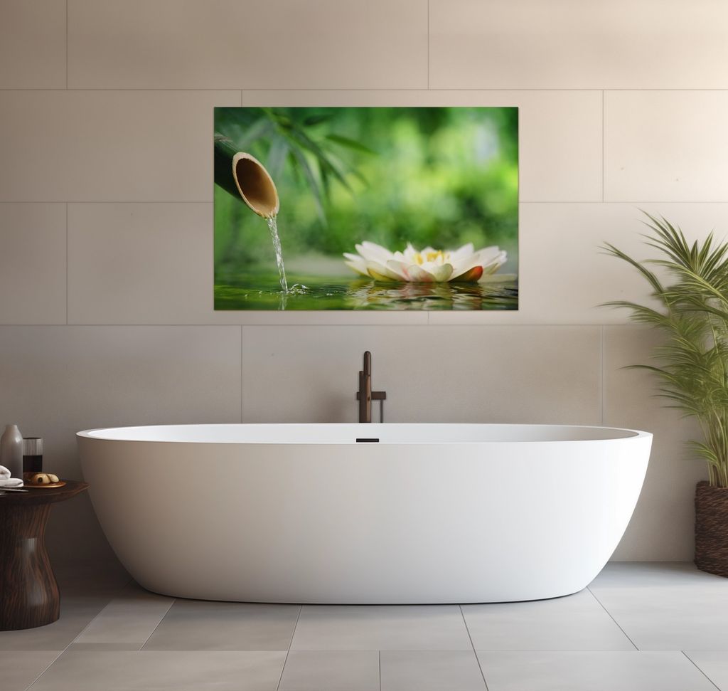 Wallario wasserfestes Poster selbstklebend 91,50 x 61 cm, Seerosen und Bambus auf dem Wasser, Badezimmerposter Spritzschutz mit Hochglanzoberfläch...