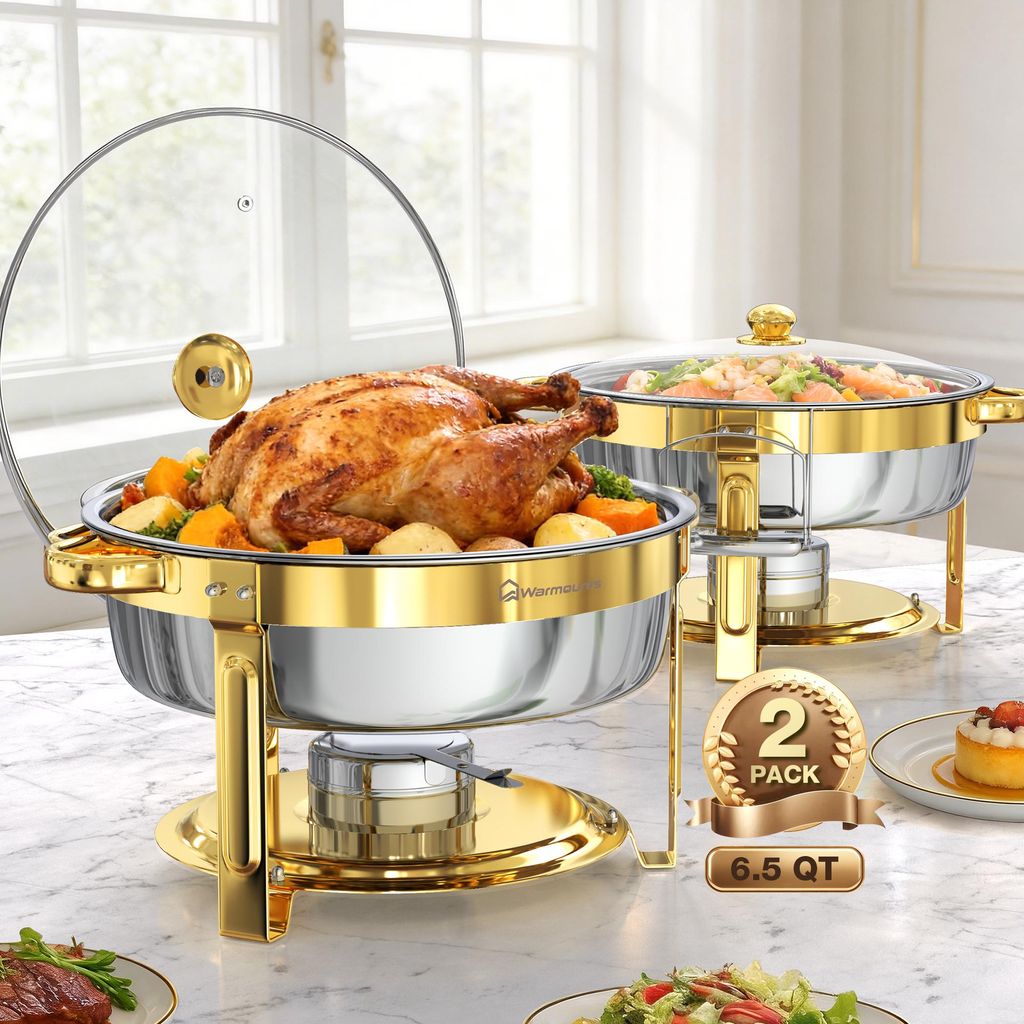 WARMOUNTS Chafing Dish Set 2er Gold 6QT Edelstahl Buffet Warmhaltebehälter Rund Speisenwärmer mit Glasdeckel für Party Hochzeit Catering