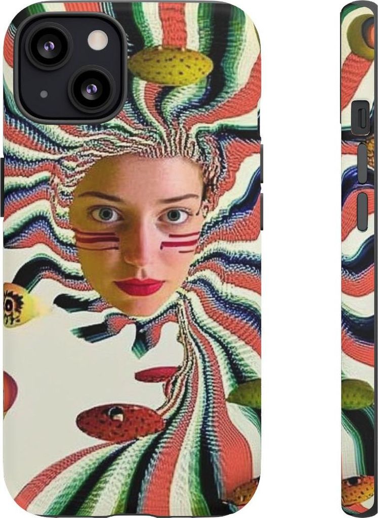 Surreales Gesicht mit bunten Streifen und schwebenden Formen – Hülle Kompatibel mit iPhone 13