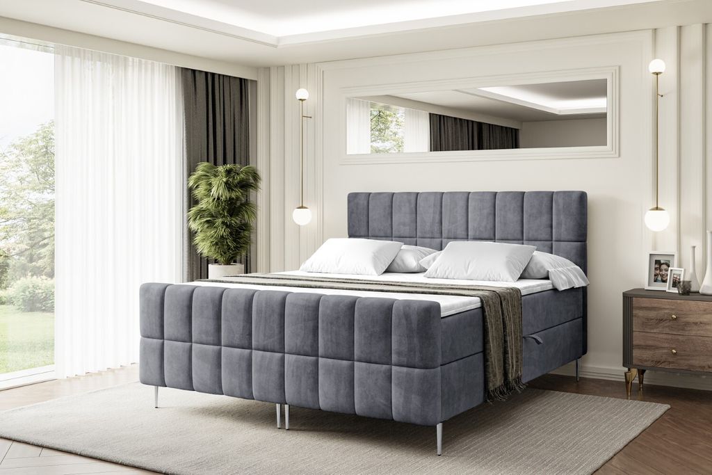 ALTDECOR Boxspringbett mit Silber Füßen, Matratze und Lattenrost, Topper, Fußteil, Polsterbett mit Bettkasten, Bett mit Stauraum H3-Matratze, Do...