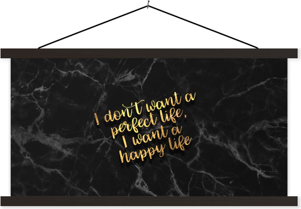 MuchoWow Textilposter Zitate - Glücklich - Gold - Schwarz 150x75 cm mit schwarzem Rahmen - Posterleiste