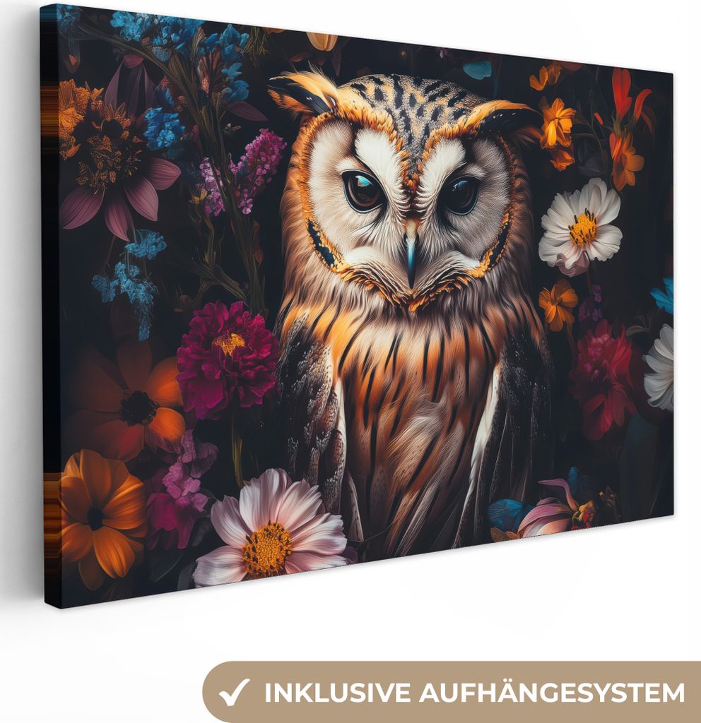 Leinwandbilder 120x80 cm - Tiere, Blumen - Eule - Natur, Bilder Wohnzimmer Modern, Wanddeko
