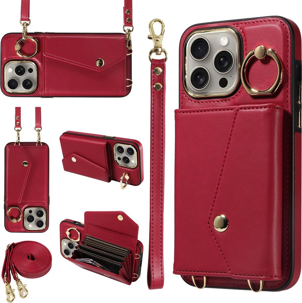 Akkordeon-Crossbody-Handyhülle für iPhone 14/15/16 Pro Max, RFID-Schutz, PU+TPU-Ringverschluss, Adapterband, Weinrot
