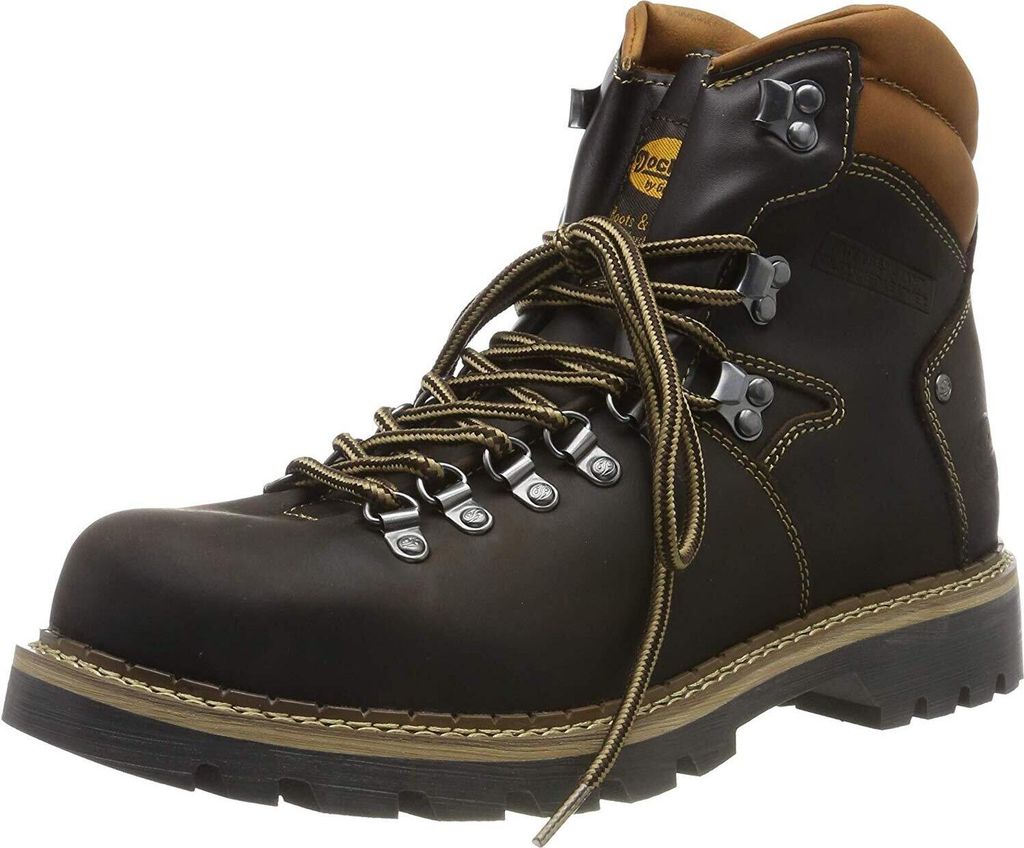 A single brown leather hiking boot is shown against a white background.