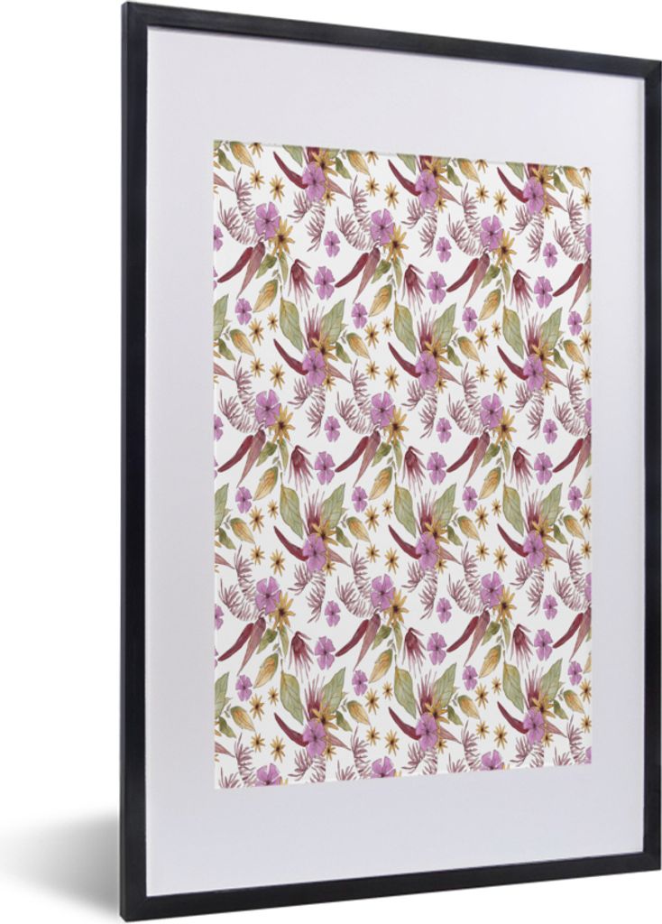MuchoWow MuchoWow Gerahmtes Poster Blumen - Lila - Muster 40x60 cm - Poster mit zchwarzem Bilderrahmen - Poster in Rahmen