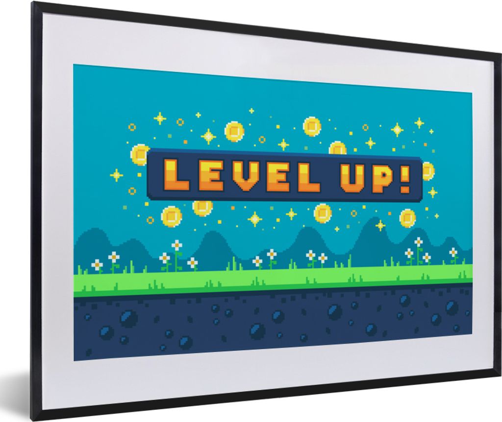 MuchoWow Gerahmtes Poster Spiele - Landschaft - Pixelart 60x40 cm - Poster mit Schwarzem Bilderrahmen Wandposter Rahmen Foto Bilder - Schlafzimme...