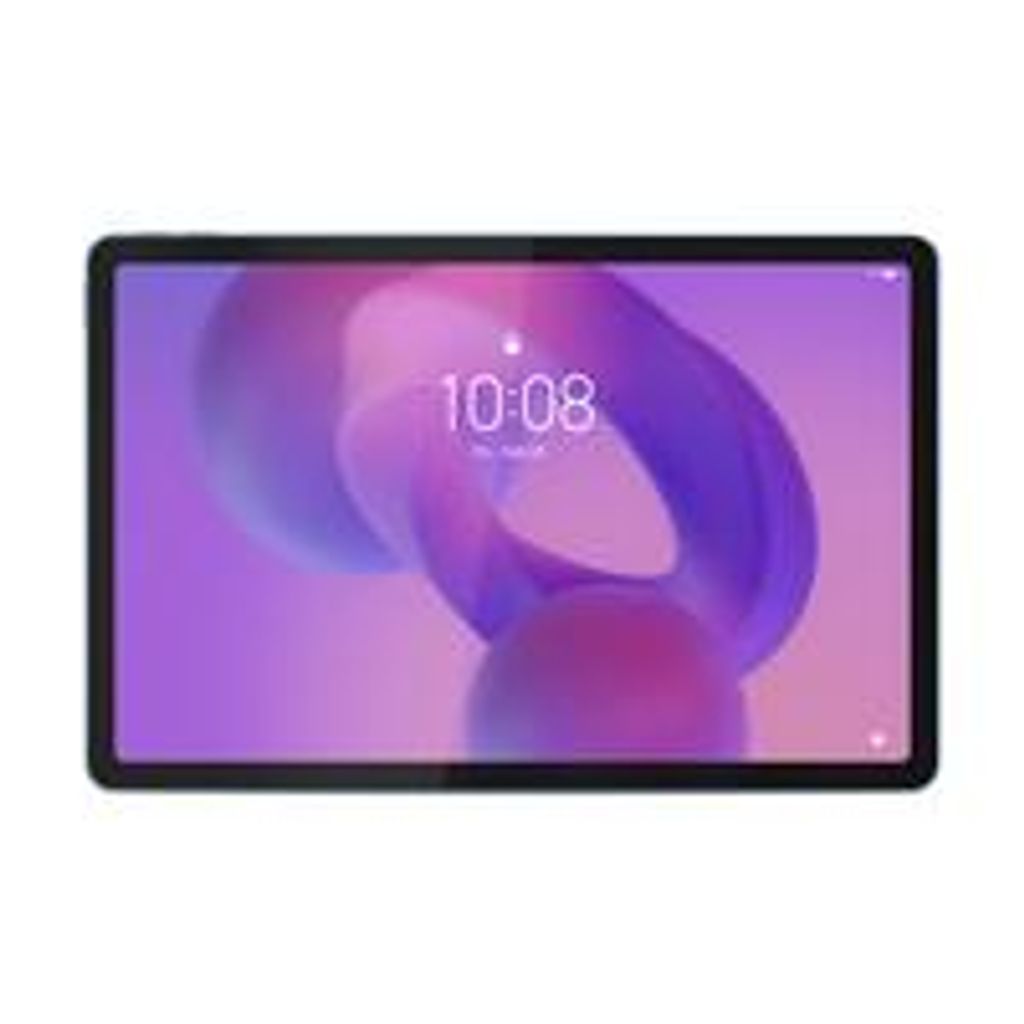 A tablet device is shown from the front, displaying a colorful abstract wallpaper.