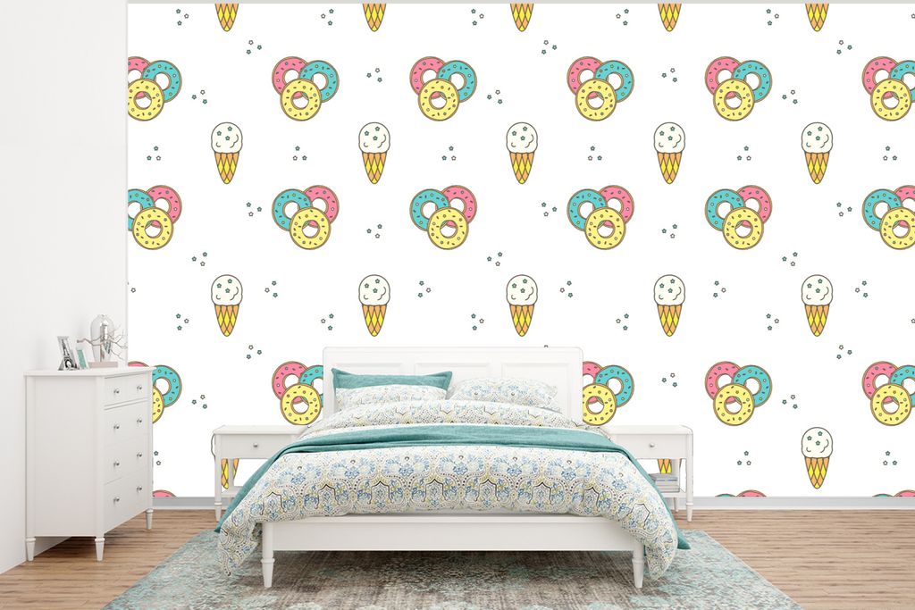 MuchoWow Fototapete für Wohnzimmer oder Schlafzimmer Wandtapete Vinyl Motivtapete Muster - Eiscreme - Donus - Jungen - Kinder - 350x260 cm - Woh...