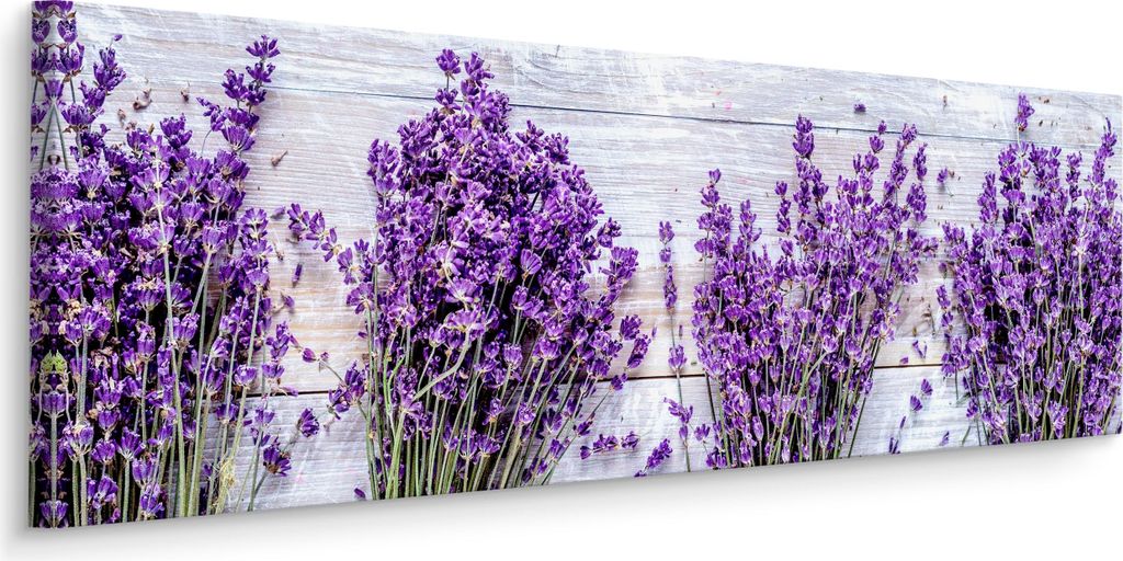 Muralo Panoramabild Canvas Lavendel Blumen Pflanzen Natur Holz Bretter 3D Br. 145 cm x Hö. 45 cm