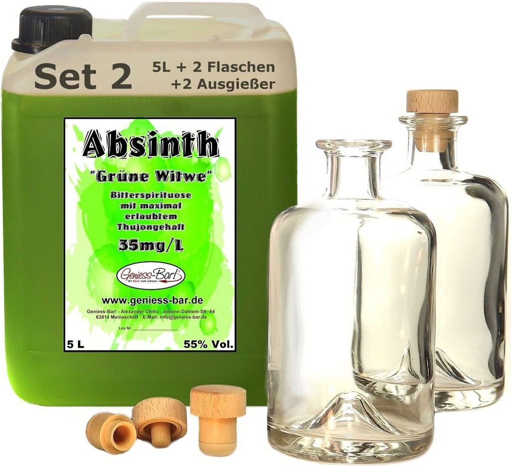 Absinth Die Grüne Witwe 5L Testurteil SEHR GUT(1,4) Mit maximal erlaubtem Thujon 35mg inkl 2 Flaschen 2 Ausgießer 55%Vol