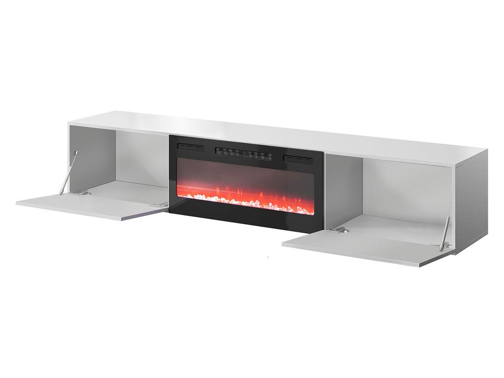A white TV lowboard with an integrated electric fireplace, shown against a white background. The left and right cabinet doors are open.