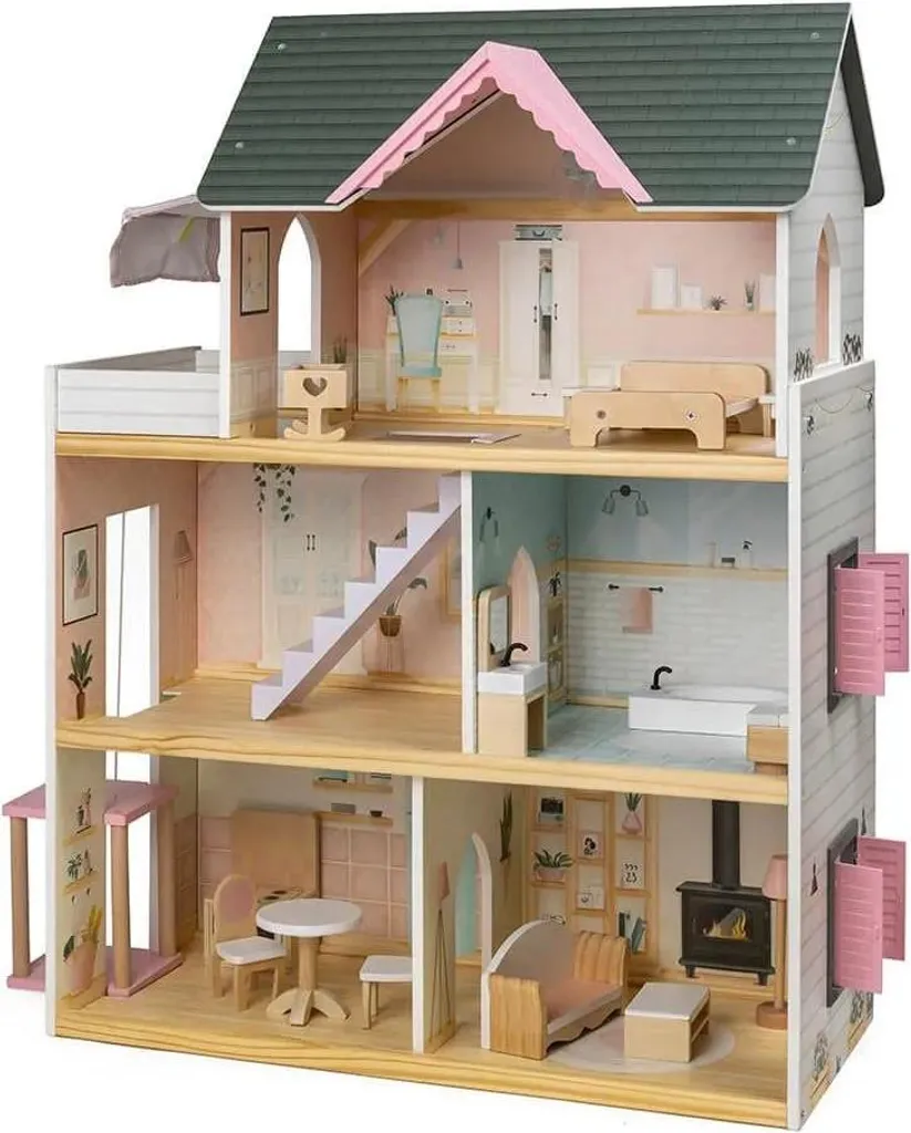 Maison de Poupée Bois Eurekakids - Ascenseur & Meubles inclus, Marron - 2