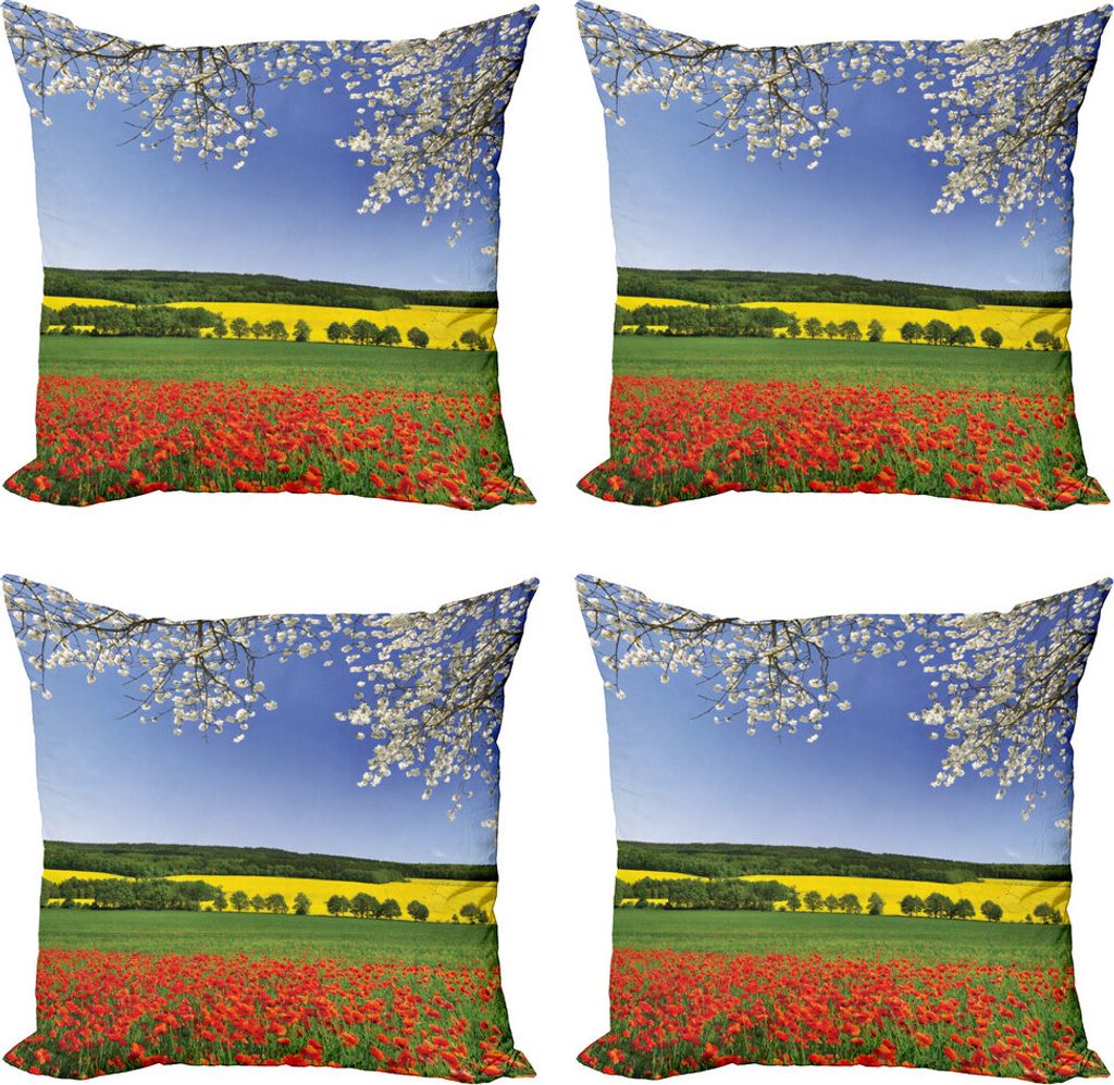 ABAKUHAUS Blume Kissenbezug Set (4 Stück), Mohnfeld Landschaft, Moderner Doppelseitiger Digitaldruck, 45 cm x 45 cm, Mehrfarbig